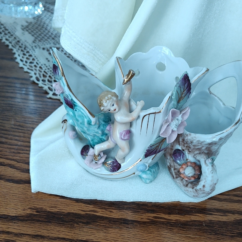 Porcelain Cherub Decorative Vase with Floral Accents - White, Turquoise, Pink